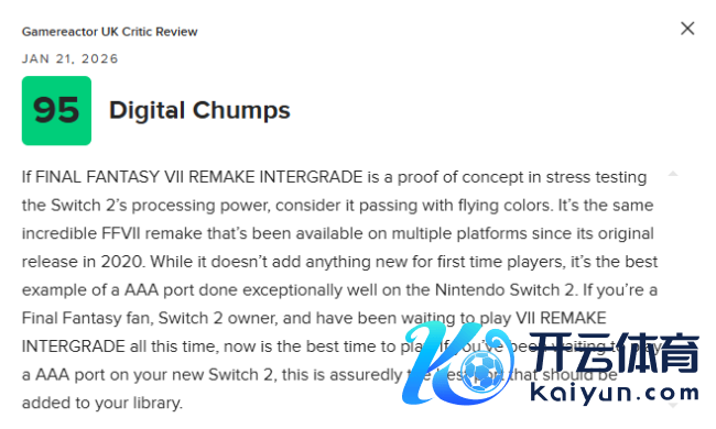 《最终幻思7：重制版》NS2版M站中分89分：移植游戏的最好程序！